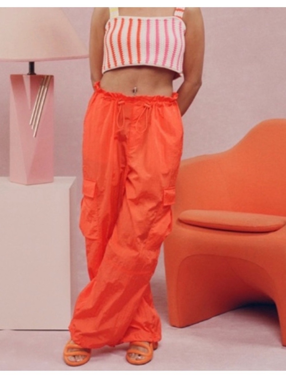 Alani Noelle Future Collective Orange Nylon Parachute Cargo Pants Womens M Y2K